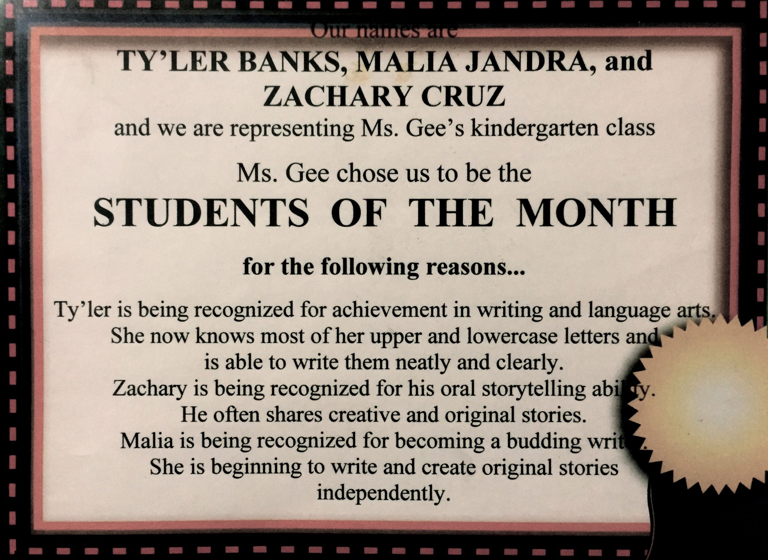 Receives Student of the Month Award