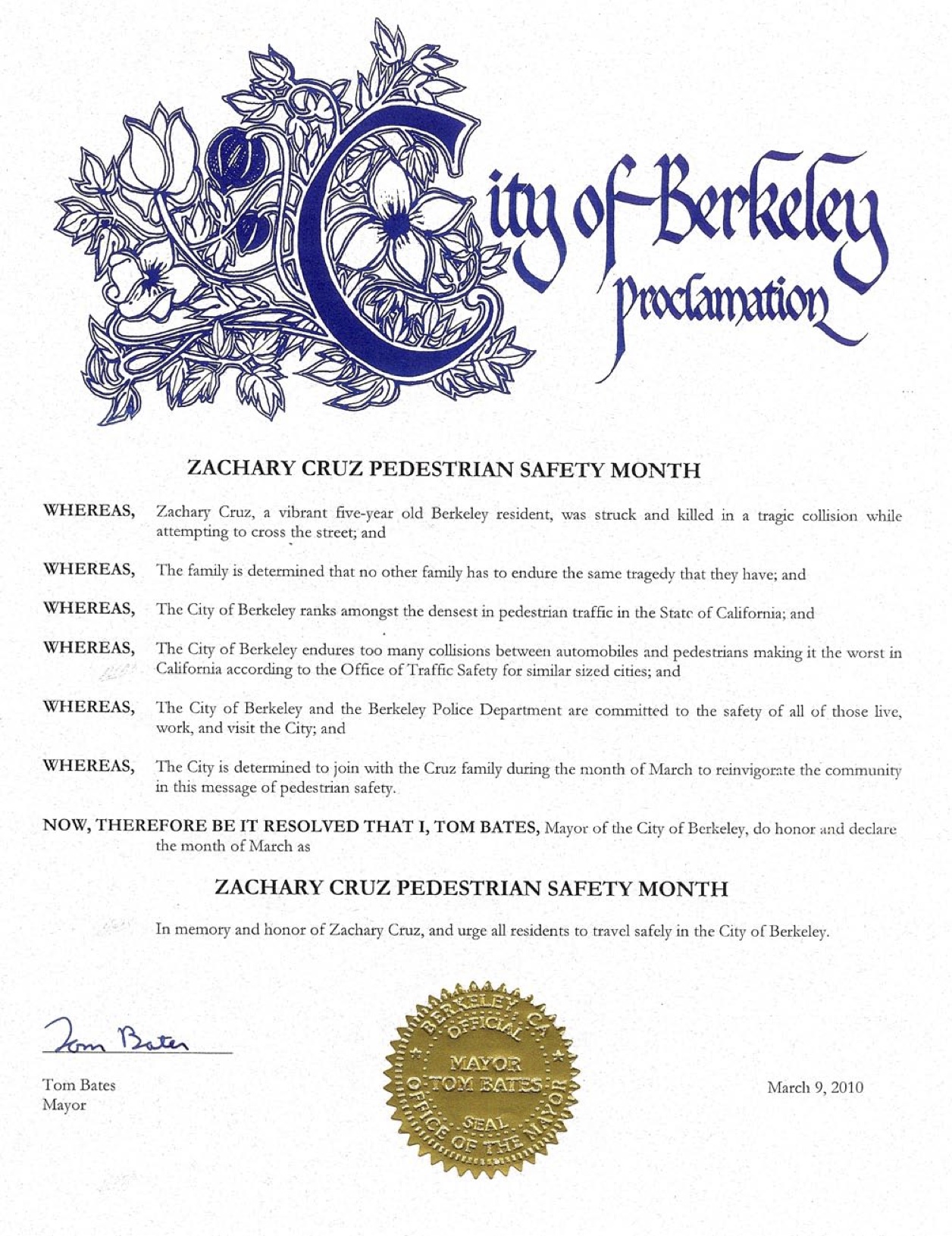March Named Zachary Cruz Pedestrian Safety Month in Berkeley